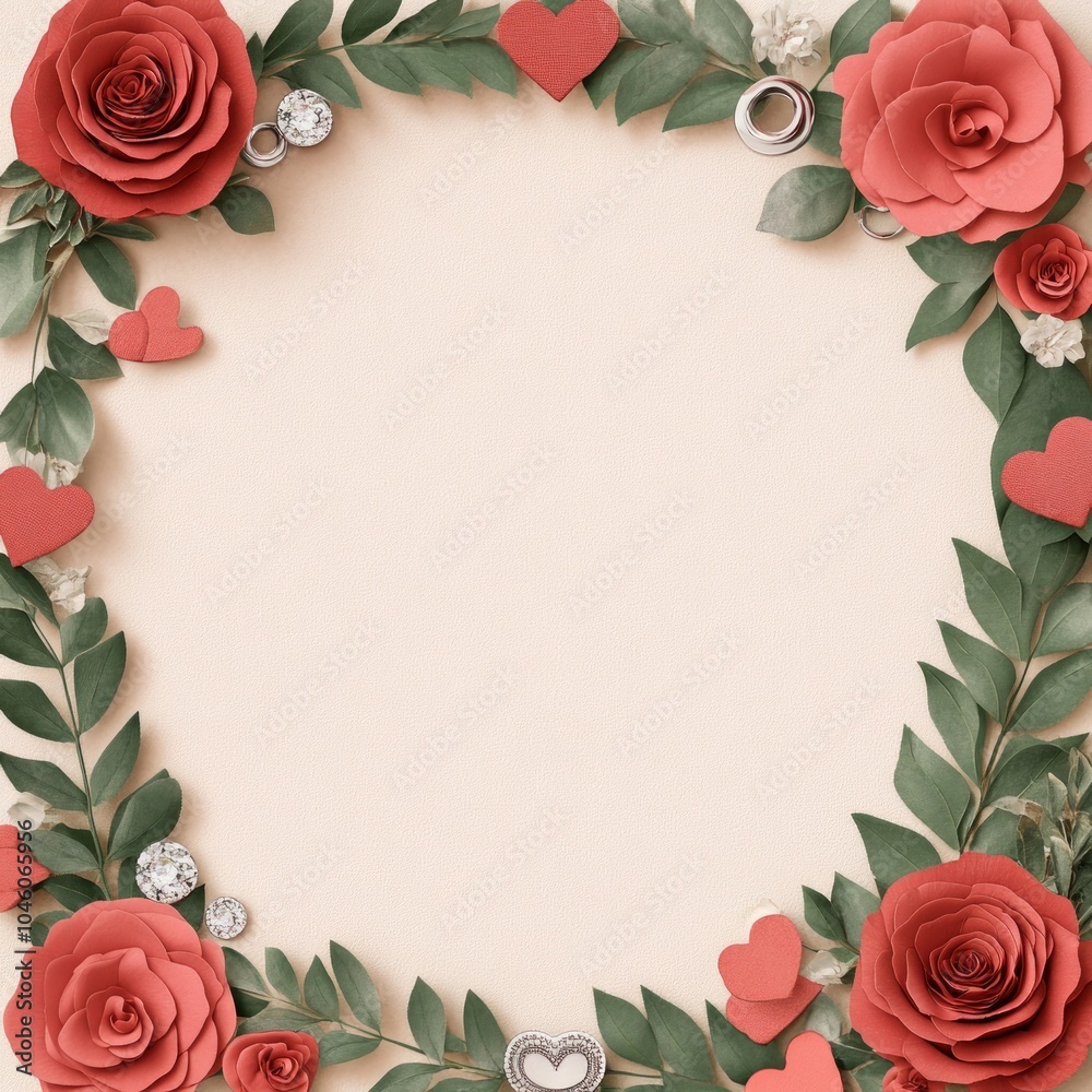 Poster Decorative floral frame with hearts and roses for romantic occasions.