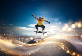 A senior woman is skateboarding in the air with a bright blue sky, golden light, and a wavy streak of gold behind her.