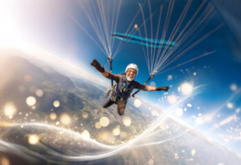 A senior man with a white beard paraglides through the sky, sunlight shining through his parachute.