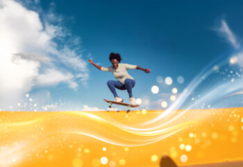 A young woman is skateboarding in mid-air, with a bright blue sky behind her. The ground appears to be a yellow surface with streaks of white light emanating from it.