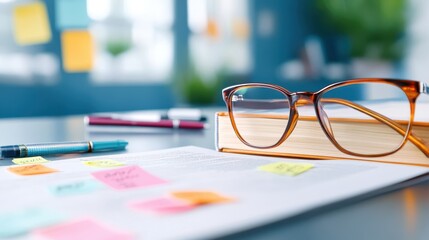 A set of glasses sits atop a closed book on a desk, surrounded by vibrant sticky notes and pens, capturing a scene of study or work in progress.