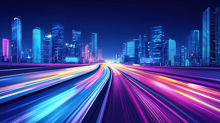 road in city with skyscrapers and car traffic light trails infrastructure and transportation background