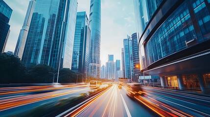 Fototapeta premium road in city with skyscrapers and car traffic light trails infrastructure and transportation background