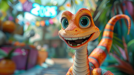 Naklejka premium A vibrant cartoon snake with colorful scales and its tongue out, surrounded by festive bokeh lights and holiday decorations 2025