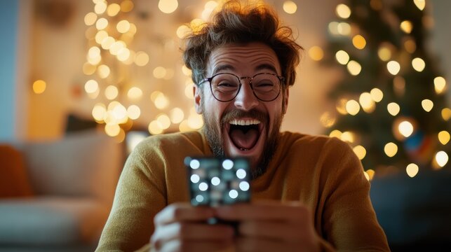 A man with a beard and glasses holds a gaming controller, expressing utter joy in a warmly lit room decorated with glowing lights during a festive night.