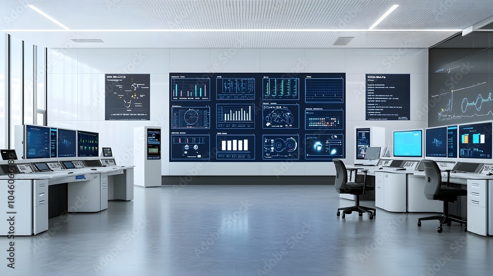 Aufkleber Technologically advanced control room with state of the art monitors displaying real time fuel processing data surrounded by high tech workstations for industrial automation and analysis