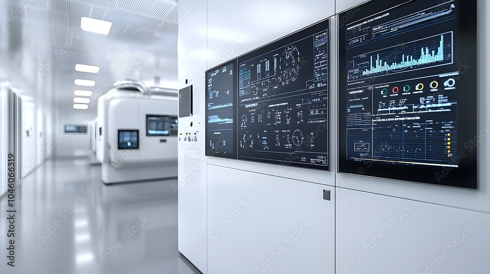 Poster Highly advanced control room with multiple digital monitors displaying detailed data on fuel processing sleek modern technology and control panels to ensure efficient and streamlined