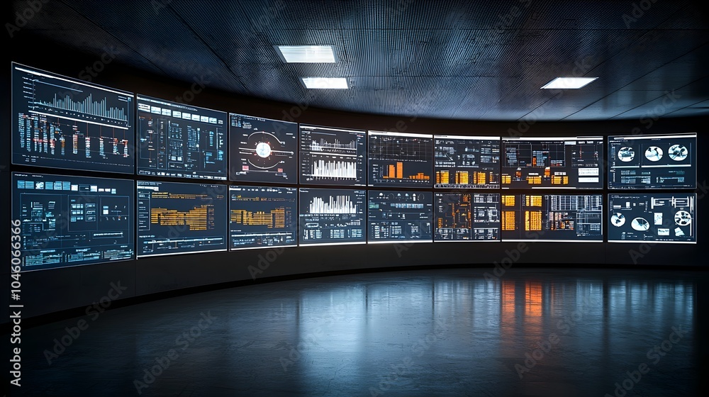 Aufkleber Modern control room filled with glowing monitors displaying fuel processing metrics optimizing and monitoring a technological hub for industrial systems and production data analytics