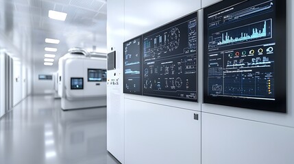 Highly advanced control room with multiple digital monitors displaying detailed data on fuel processing sleek modern technology and control panels to ensure efficient and streamlined