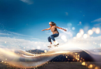 A woman with gray hair is skateboarding in the air, with a blue sky and sparkling light in the background.