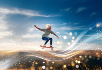 A senior woman with blonde hair performs an ollie trick on a skateboard, with a golden glow and light streaks behind her.