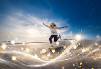 An older woman wearing casual clothing and grey hair is joyfully jumping on a skateboard with a bright, blue sky and sparkling lights in the background.
