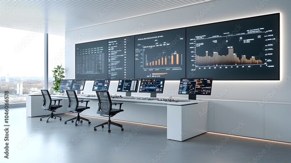 Poster Futuristic high tech control room with wall mounted monitors showcasing real time digital displays and data analytics for fuel processing The modern dashboard style interface features illuminated