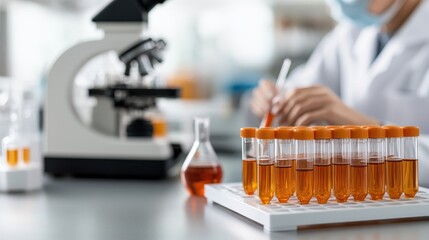 A laboratory researcher works with orange liquid-filled test tubes, focusing under a microscope, symbolizing scientific exploration and innovation themes in the study area.