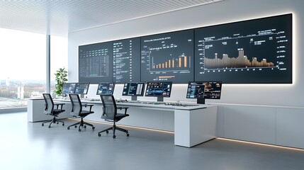 Futuristic high tech control room with wall mounted monitors showcasing real time digital displays and data analytics for fuel processing The modern dashboard style interface features illuminated