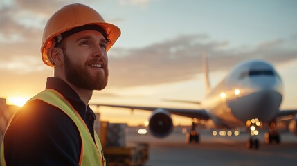 An airport worker smiles while wearing a helmet and safety vest, with an airplane in the background during early morning light, representing optimism and dedication.