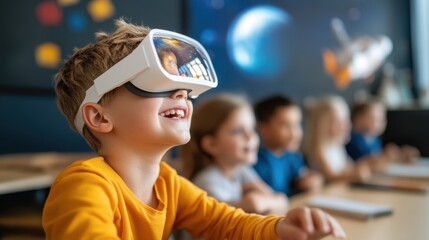 In a bright classroom, a young boy wearing a VR headset enjoys an engaging digital space...