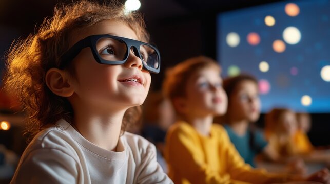 A boy wearing glasses is mesmerized by a space-themed visual show, seated among peers, reflecting sheer enjoyment and wonder at the cosmic display.