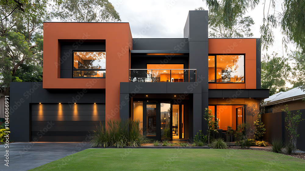 Poster modern house design with a bold and refined facade a warm color palette and great attention to detai