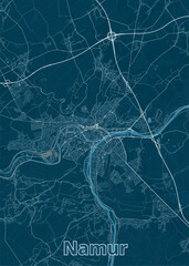 Map of Namur, Belgium, rendered in a minimalist style. The map features a dark blue background with white lines representing roads and waterways.