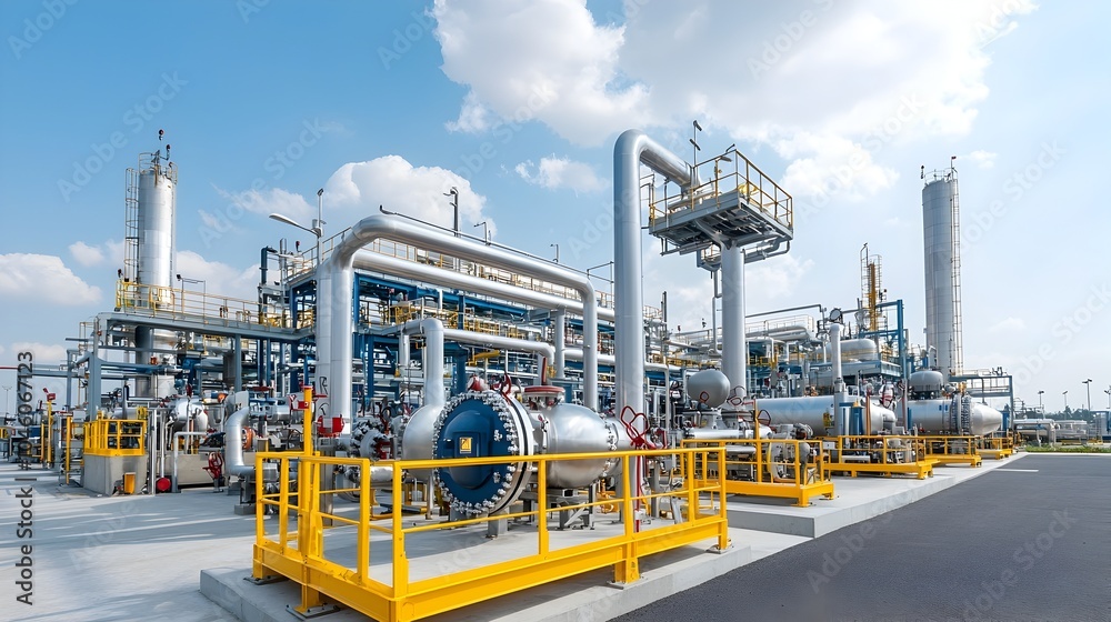 Poster cutting edge futuristic gas processing facility featuring a sleek modern design advanced digital sys