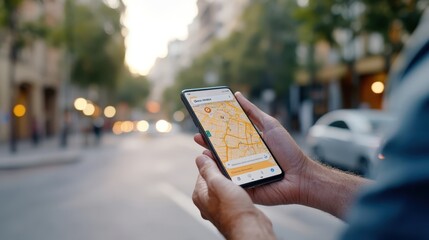 An individual uses a smartphone GPS app to navigate city streets, showcasing the technology and convenience of modern navigation tools for urban exploration.