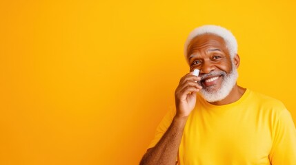 A joyful elderly man with a youthful smile holds a cosmetic product, exuding confidence and cheerfulness against a vibrant yellow background.