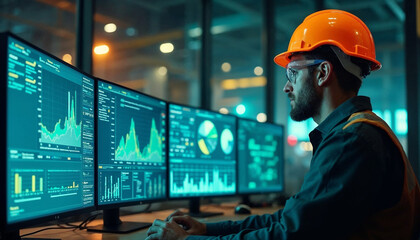 An engineer analyzes data in a high-tech control room, ensuring safety and efficiency.

