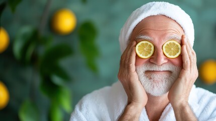 A senior man, wrapped in a white towel, humorously covers his eyes with two slices of citrus fruit, standing in front of a lush green background with lemons.