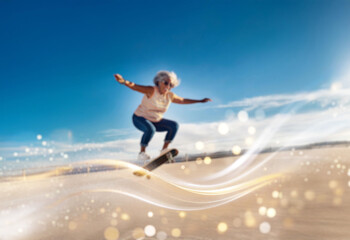 A senior woman is skateboarding in a sunny, outdoor setting, with a  wave of light blurring behind her.