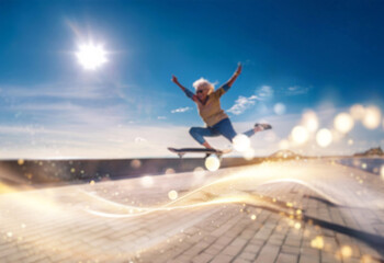 An elderly woman with white hair and sunglasses jumps on a skateboard with her arms outstretched. The sky is bright blue with a glowing sun, and the ground is a paved walkway.