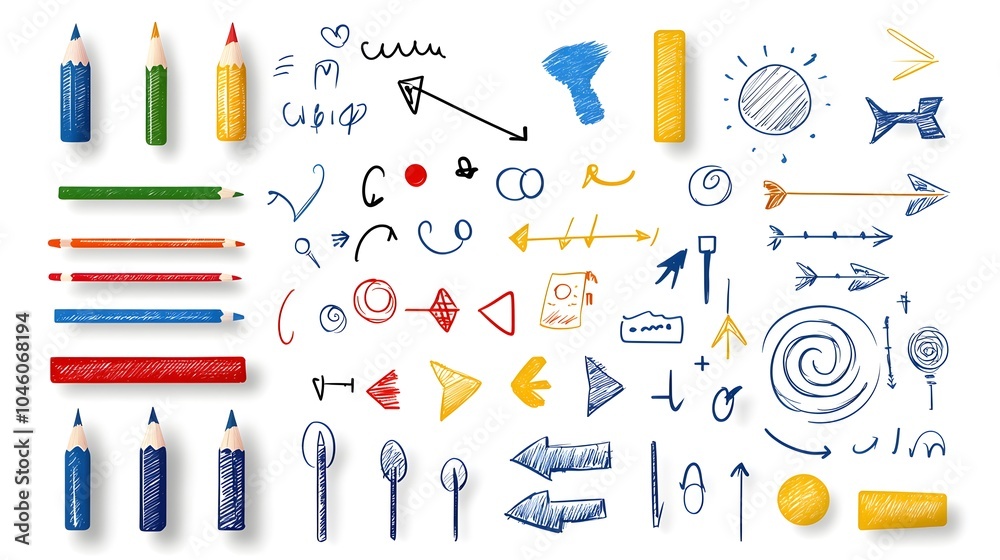 Poster vibrant crayon and pencil style set featuring hand drawn brush strokes pastel textures spirals and a