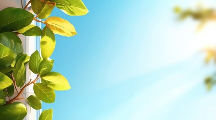 Fototapeta premium Vibrant green leaves bask in the sunlight, framed by a clear blue sky, invoking a sense of tranquility and connection with nature's beauty and peace.