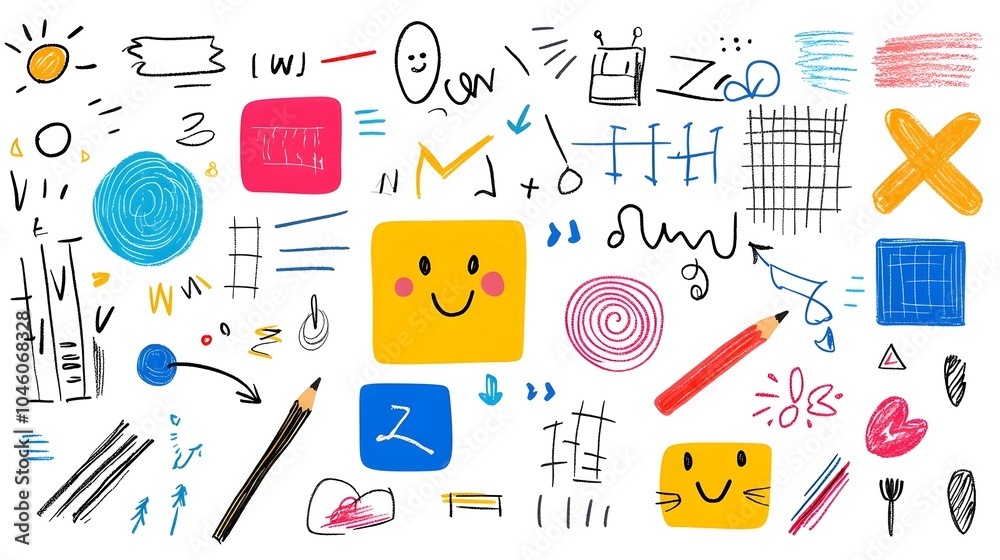 Aufkleber vibrant colorful hand drawn crayon and pencil doodle elements including scribbles squares arrows and