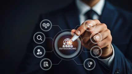 Business executive using a digital interface to manage outsourcing services, featuring interactive icons for various functions.