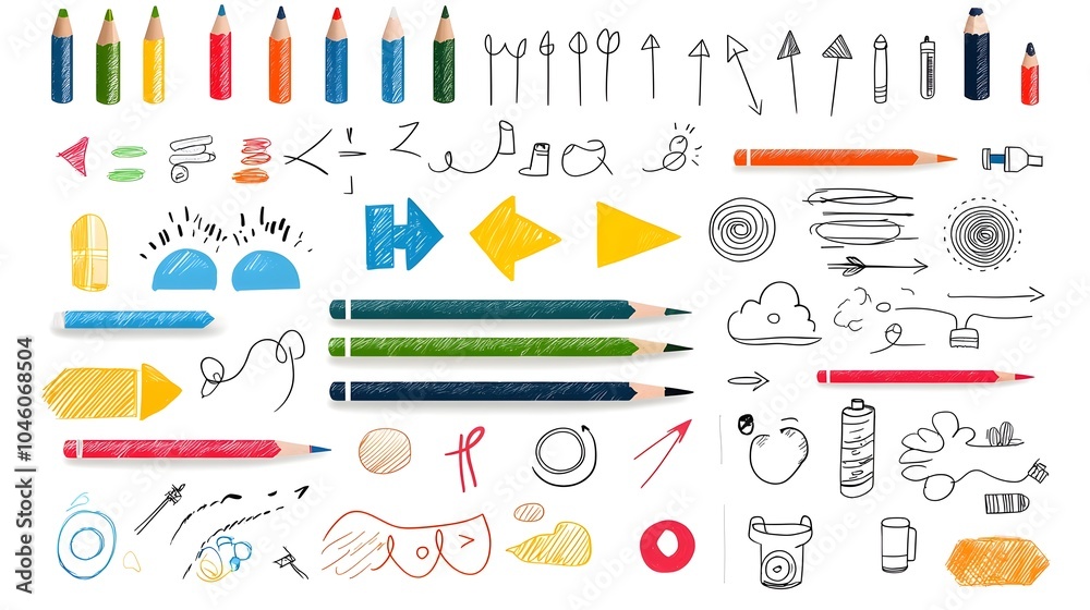 Aufkleber featuring a creative assortment of crayon and pencil sketch elements including chalk like textures playful scribbles dynamic arrows and whimsical spiral shapes perfect for use in kids  products