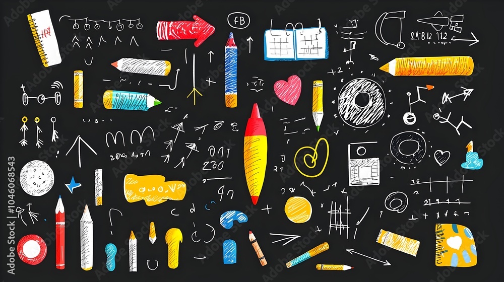 Poster featuring a collection of crayon and pencil sketch elements including chalk textures scribbles arrow