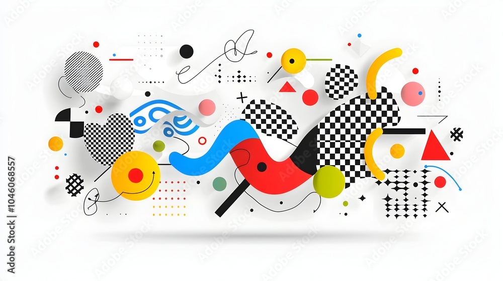 Fototapete Vibrant Retro Modern Abstract Shapes and Checkered Backdrop Minimalist art featuring a dynamic composition of abstract forms shapes and a distorted groovy checkered background in a contemporary