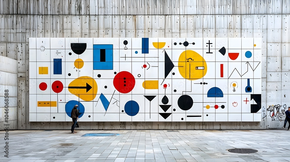 Fototapete abstract rendered image featuring a distorted tiled grid of brutalist geometric shapes and modern mi