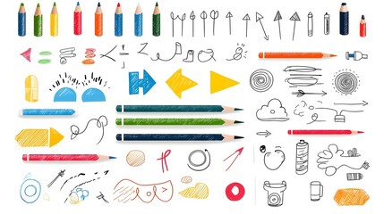 Naklejka premium featuring a creative assortment of crayon and pencil sketch elements including chalk like textures playful scribbles dynamic arrows and whimsical spiral shapes perfect for use in kids products