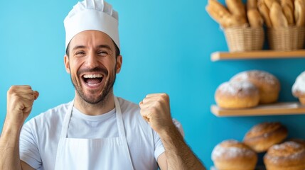 A cheerful baker triumphantly raises his fists in a gesture of victory, surrounded by delicious breads and pastries against a colorful teal and bright setting.