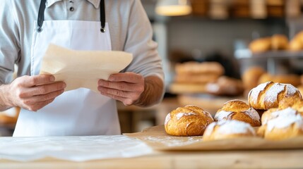 A baker holding parchment paper stands in a bakery filled with perfectly baked breads, illustrating the precision and care in the baking process.