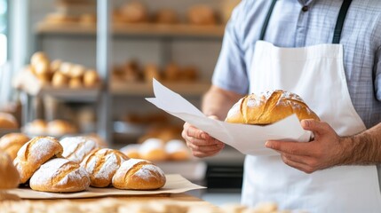 A baker delicately wraps a warm loaf of bread in parchment paper, surrounded by other freshly baked loaves, highlighting the care and craft in baking.