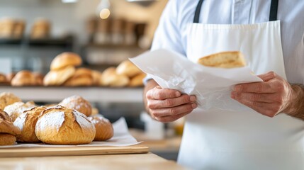 A close-up image of a baker's hands carefully holding a loaf of bread, wrapped in paper, with a display of rustic, golden-brown pastries in the background.