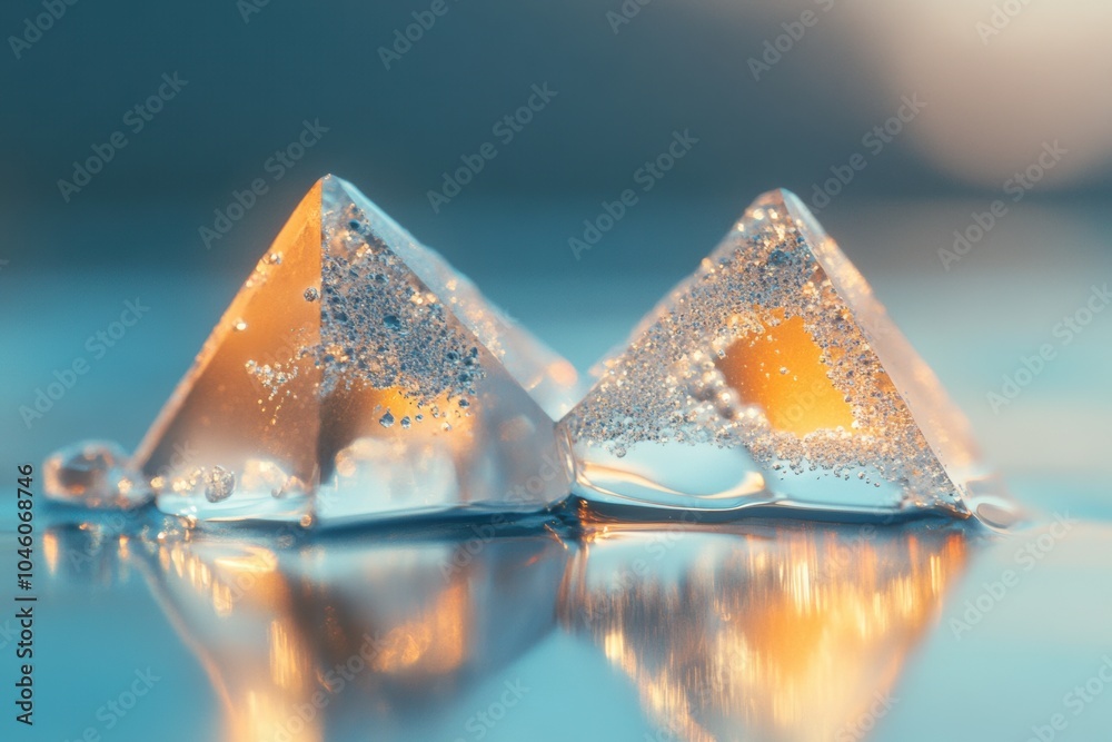 Poster two geometric icy crystals glow with abstract reflections, surrounded by a calming blue backdrop tha