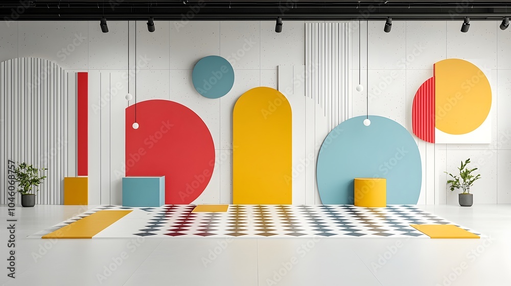 Poster Striking contemporary design featuring bold brutalist geometric forms and groovy checkered patterns in a clean minimalist aesthetic  This digital showcases a dynamic