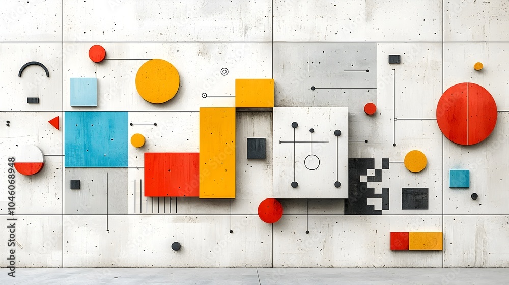 Poster Trendy Y2K inspired brutalist geometric abstract symbols layered with groovy checkered patterns in a contemporary minimalist design layout