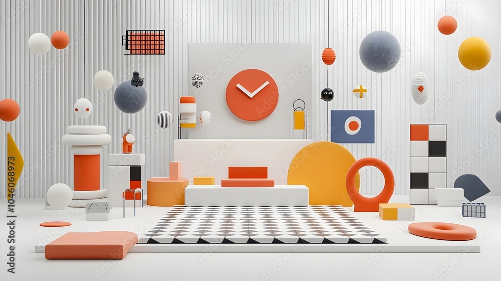 Poster Trendy abstract geometric brutalist symbols and shapes layered with groovy checkered patterns in a contemporary minimalist layout design  This visually striking digital features a futuristic