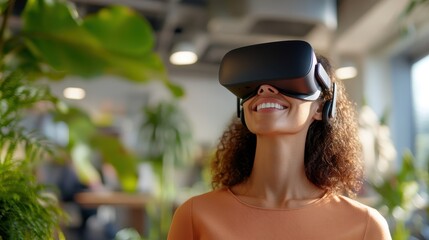 Fototapeta premium A delighted woman wearing a VR headset is immersed in a captivating digital world within a stylish interior featuring numerous green plants around.