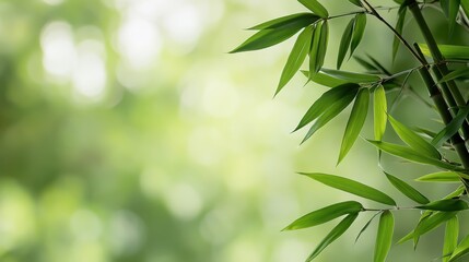 Naklejka premium A serene view of green bamboo leaves in focus against a blurred, softly lit green background, capturing a peaceful and refreshing ambiance of nature.